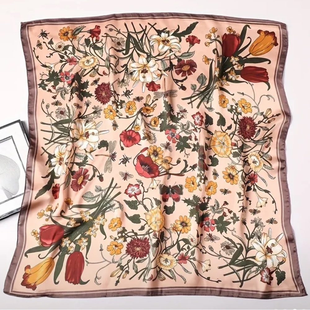 Floral Silk Scarf in Cream and Red